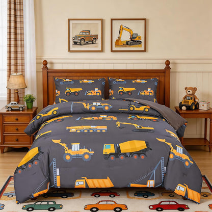 Set Set Sets 2 ZRNBAST Construction Twin Bedding for Boys Dark Grey Trucks Car Kids Comforter Lightweight Microfiber