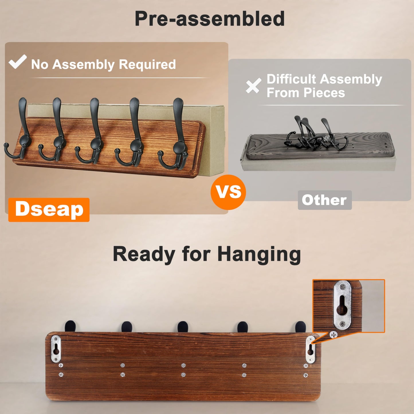 Dseap Coat Rack Wall Mounted - 5 Tri Hooks, Heavy Duty, Wooden Wall Coat Hanger Coat Hook for Clothes Hat Jacket Clothing, Natural & Black