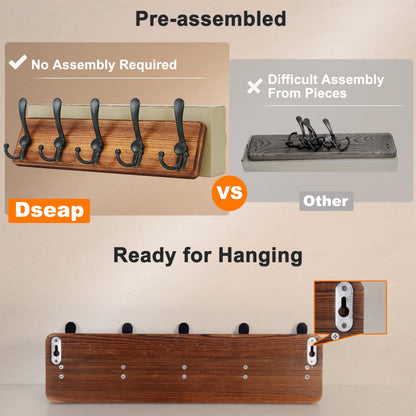 Dseap Coat Rack Wall Mounted - 5 Tri Hooks, Heavy Duty, Wooden Wall Coat Hanger Coat Hook for Clothes Hat Jacket Clothing, Natural & Black