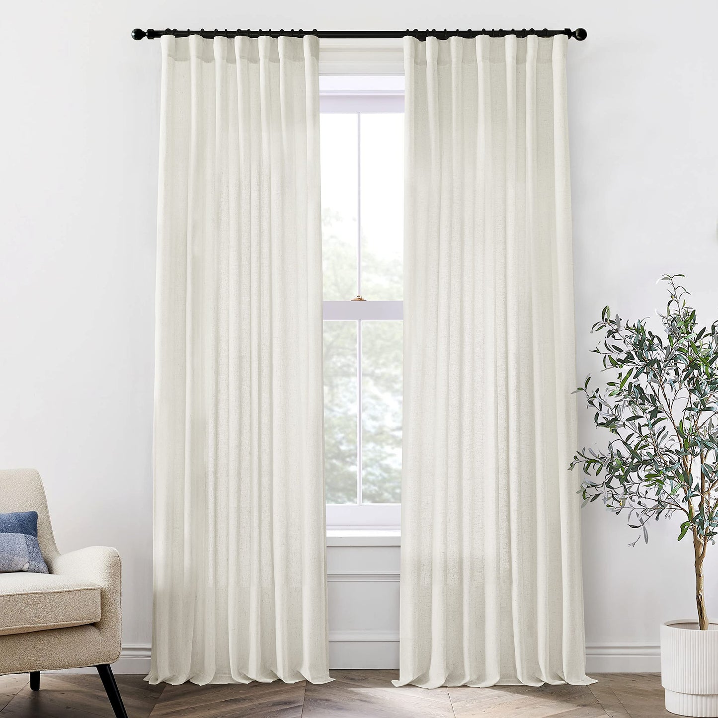 XTMYI Linen Cotton Farmhouse Curtains for Living Room Bedroom 84 Inches Long Two Sheer Hook Belt Pleated Back Tab Birch Off White Ivory Neutral Boho Sour Cream Curtain Drapes 84 Length 2 Panels Set