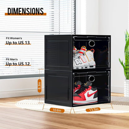 KEFA XL Shoe Storage Box Organizer, 6 Pack Clear Plastic Stackable Shoe Boxes for US 13 (Side 6 PACK BLACK)