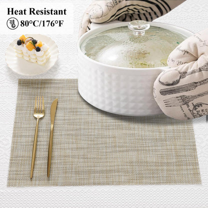 SHACOS Easy Clean Placemats Set of 4 Woven Vinyl Plastic Place Mats Heat Resistant Stain Resistant Dining Table Mats Indoor Outdoor Table Decor, Beige