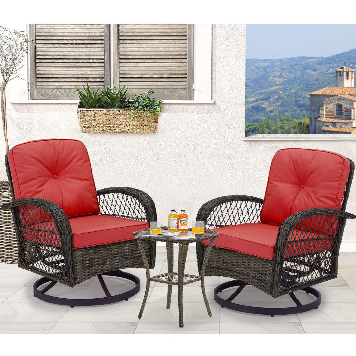MELLCOM 3 Pieces Patio Furniture Set, Outdoor Swivel Rocker Patio Chairs, Wicker Patio Bistro Set with Rocking Chair, Thickened Cushions and Glass Coffee Table for Backyard, Garden, Wine Red