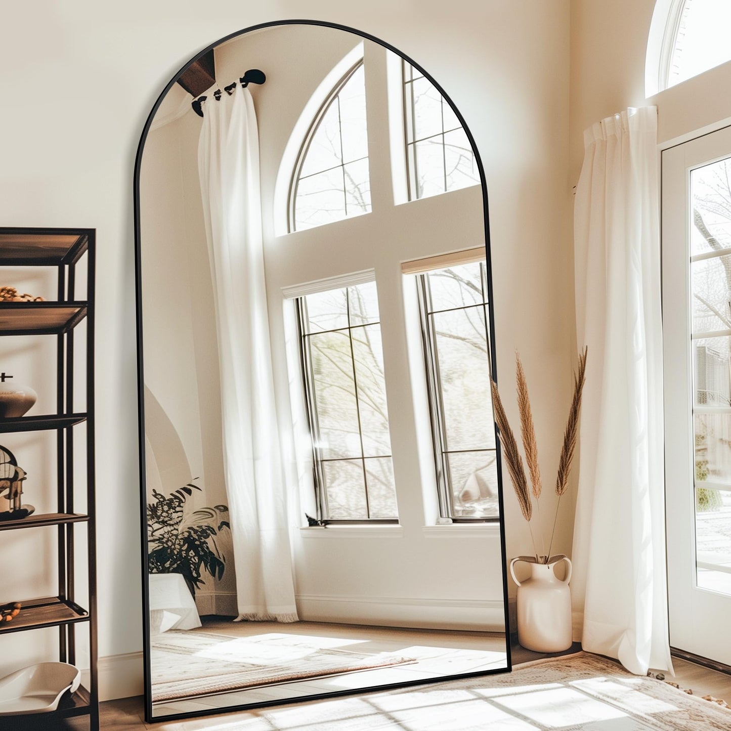 Antok 86" x46” Arched Full Length Floor Mirror, Black Aluminum Frame, Free Standing/Wall Mount/Leaning for Bedroom, Living Room, Dressing Room