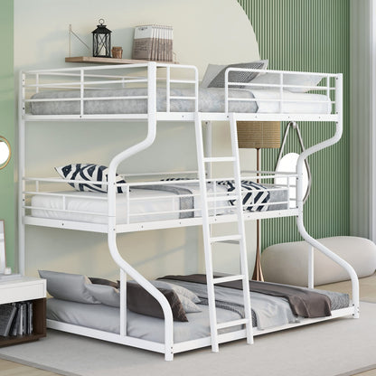 Merax Full XL Over Twin XL Over Queen Size Metal Triple Bunk Bed Frame with Ladder for Kids, Industrial Style Bunk Bed, Easy Assembly, No Box Spring Needed, for Kid's Room or Dormitory, White