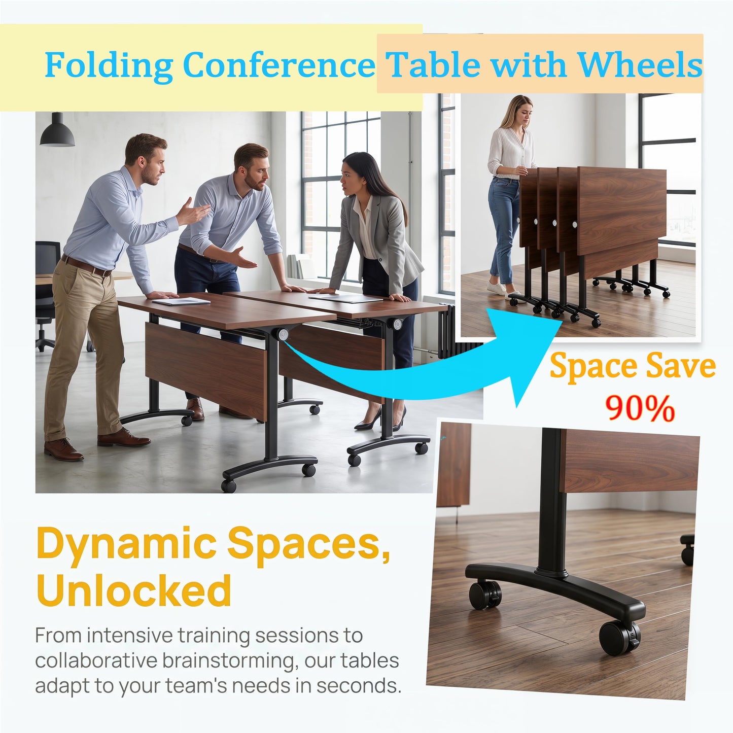JNMDLAKO Modular Folding Conference Table with Locking Wheels, 10 Pack Flip Top Mobile Training Table, Modern Meeting Seminar Tables for Office, Hotel Conference Room(10,Walnut,71" L x 21" W x 29" H)