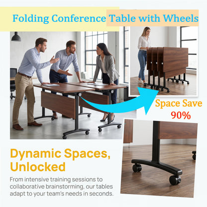 JNMDLAKO Modular Folding Conference Table with Locking Wheels, 10 Pack Flip Top Mobile Training Table, Modern Meeting Seminar Tables for Office, Hotel Conference Room(10,Walnut,71" L x 21" W x 29" H)