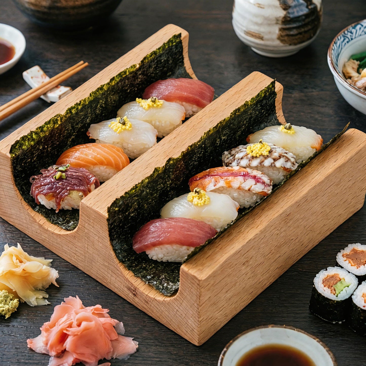TUESMEILL Sushi Taco Holder:Wooden U Shaped Sashimi Plate Japanese Food Serving Tray Taco Display Stand Sashimi Rack for Home Restaurant Party Food Serving and Display (2 Slot )