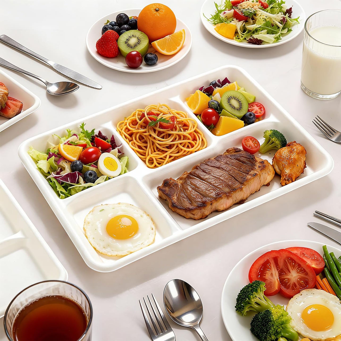 WELLIFE 100% Compostable 5 Compartment Paper Plates, 100 Pack Disposable School Lunch Trays Divided Plates for Adult Youth, 12.5 * 8.6 inch Heavy Duty Eco-Friendly Bagasse Plate for Buffet and Party