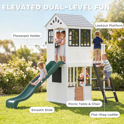 Qaba Two-Story Outdoor Wooden Playhouse for Kids with Slide, Picnic Table & Bench, Play Kitchen, Ladder, Lookout Platform for Age 2+ Backyard Play, White
