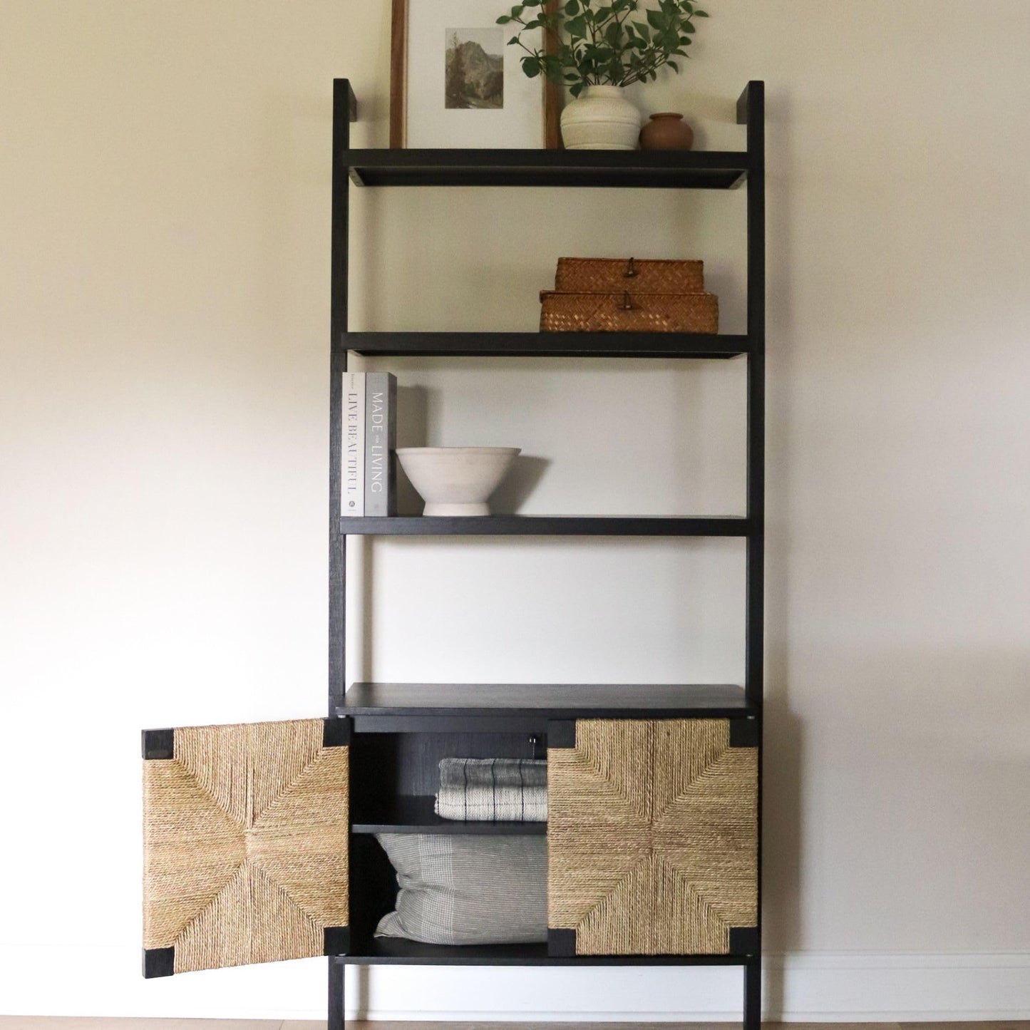 Nathan James Beacon 3-Shelf Bookcase with Seagrass Cabinet, Solid Wood Boho Bookshelf with Storage with Solid Wood Frame, Seagrass/Black, Set of 2
