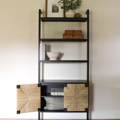 Nathan James Beacon 3-Shelf Bookcase with Seagrass Cabinet, Solid Wood Boho Bookshelf with Storage with Solid Wood Frame, Seagrass/Black, Set of 2