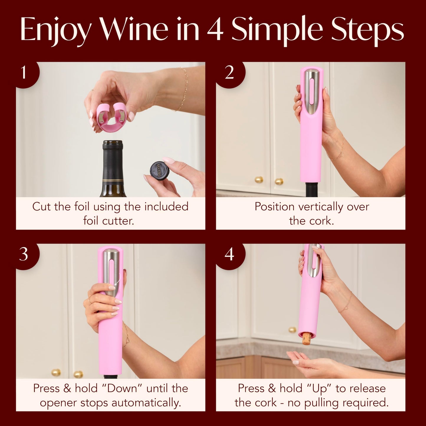 Rechargeable Electric Wine Bottle Opener - Charging Base and Foil Cutter Included with Automatic Wine Opener - Electric Corkscrew for Easy Cork Removal - Best Gift for Wine Lover (Pink & Silver)