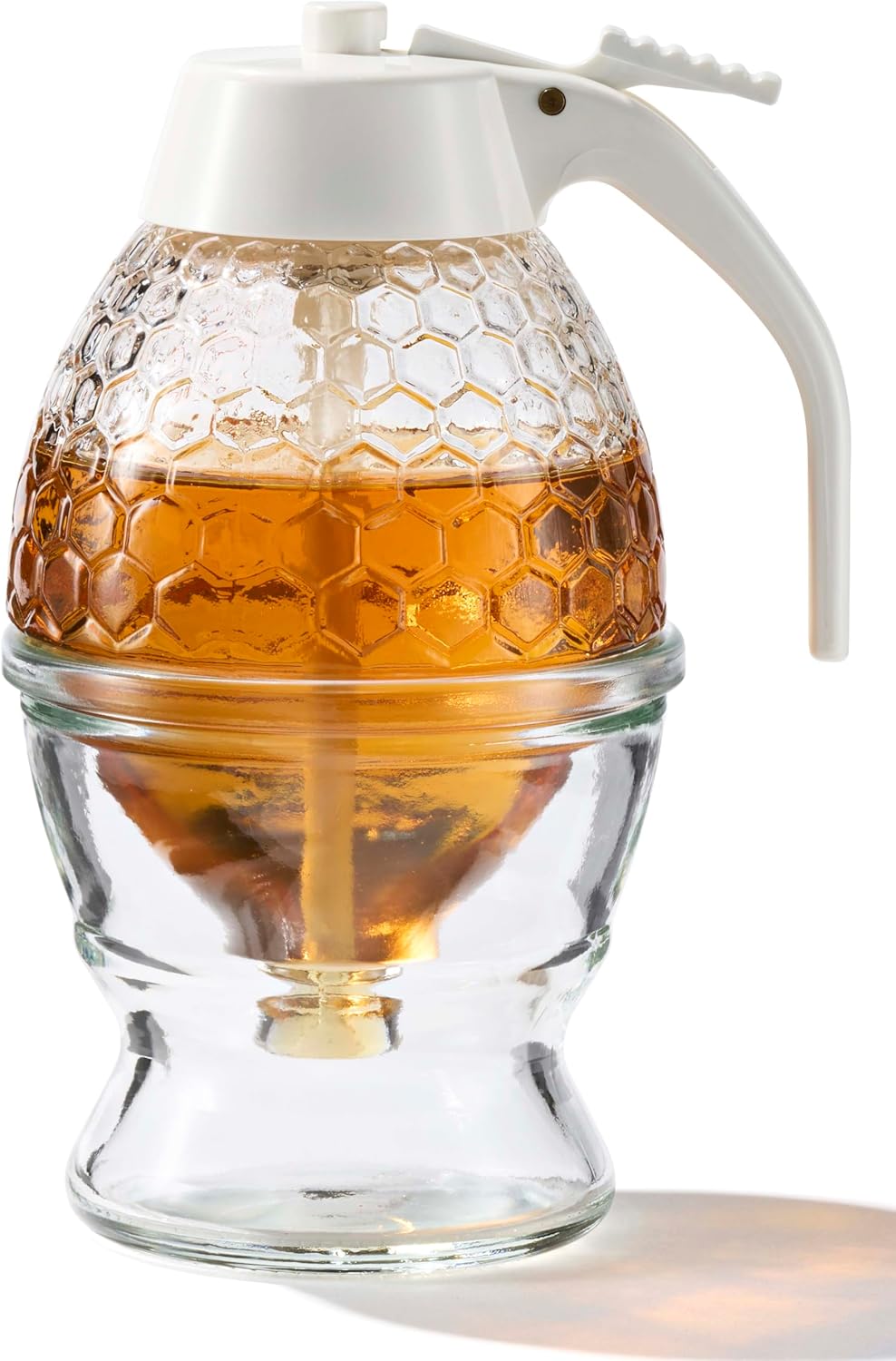 8 oz PAULSWAY Not Chromed Glass Honey Dispenser, Food-Grade ABS White Lid No Drip Glass with Stand Honey Jar Honeycomb