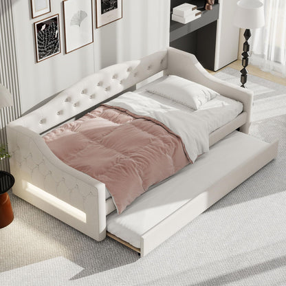 GDFStudio Twin XL Upholstered Daybed with Linen Fabric, LED Lighting Belt, Pull-Out Trundle, Sturdy Pine Wood Frame with Slats, Modern Beige Platform Bed for Users, No Box Spring Required, Beige