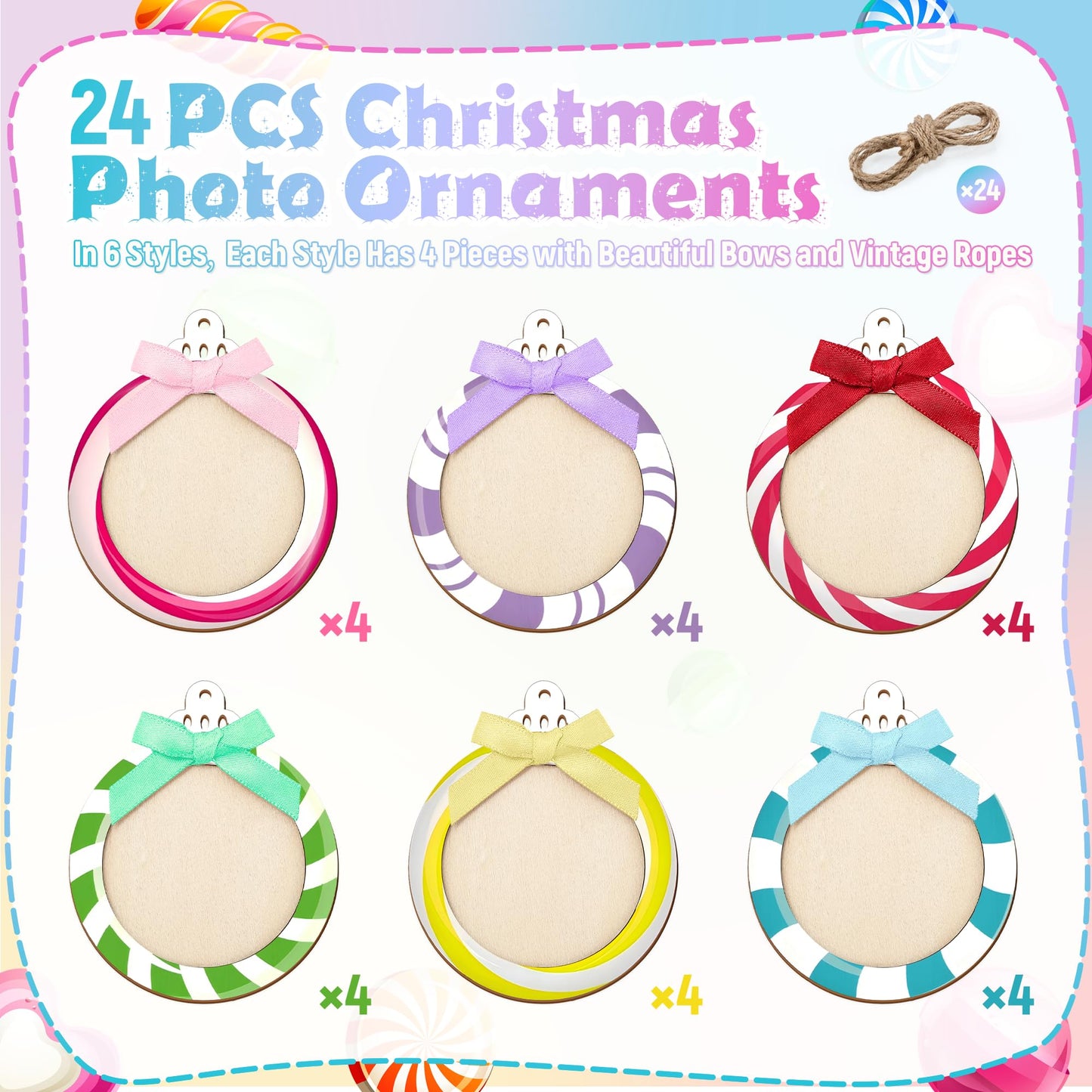 24 Pcs Wooden Candyland Photo Frame Ornaments, Picture Ornaments for Hanging, Candyland Decorations & Stockings Decor, DIY Keepsakes for Candyland Party (Macaron)