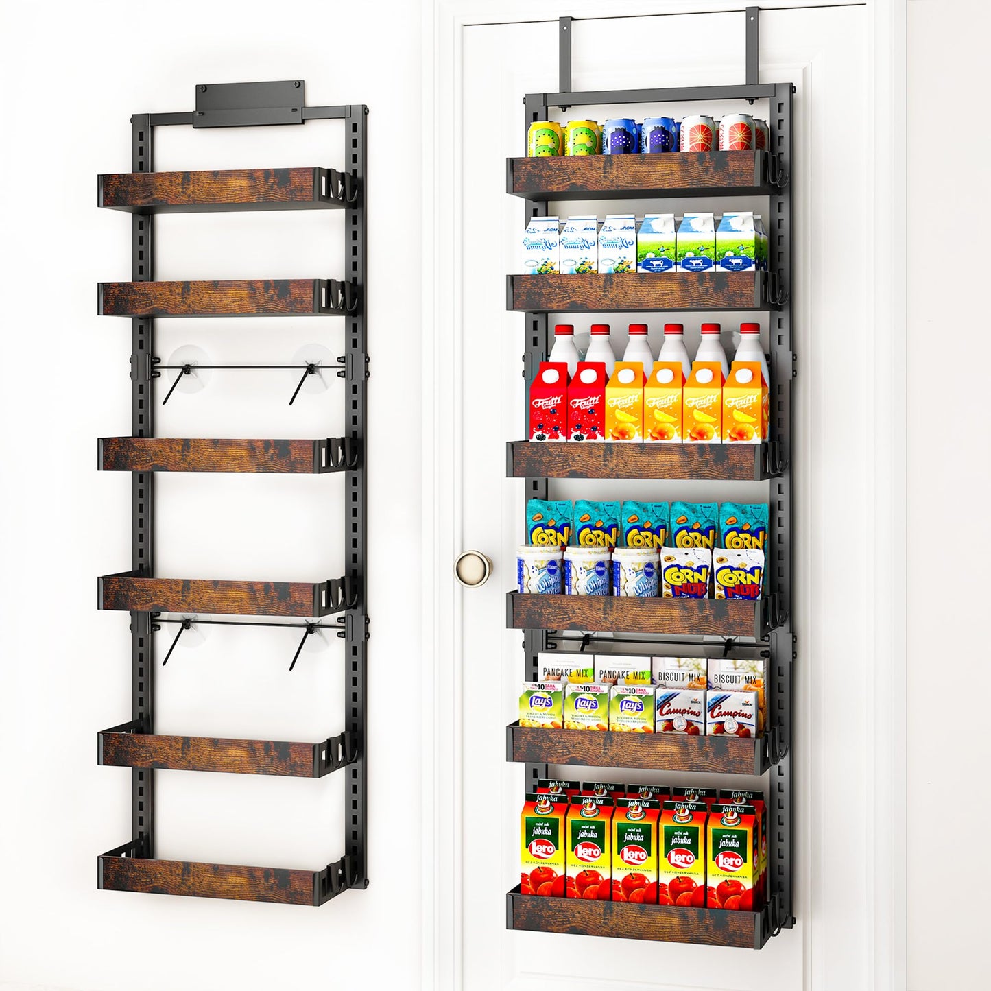 BUKFEN 6-Tier Over the Door Pantry Organizer, 2-in-1 Door Hanging or Wall Mounted Spice Rack, Heavy Duty Metal Storage Shelves with Adjustable Wooden Baskets for Kitchen Bathroom Closet