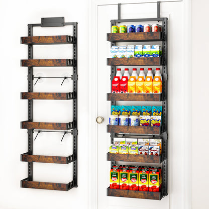 BUKFEN 6-Tier Over the Door Pantry Organizer, 2-in-1 Door Hanging or Wall Mounted Spice Rack, Heavy Duty Metal Storage Shelves with Adjustable Wooden Baskets for Kitchen Bathroom Closet