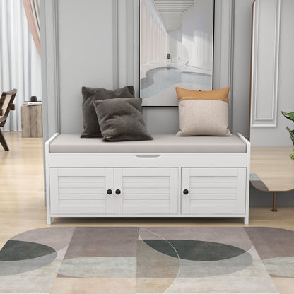 Merax Rustic Storage Bench with Removable Cushion Multifunction Shoe Cabinets for Entryway Hallway Front Door White