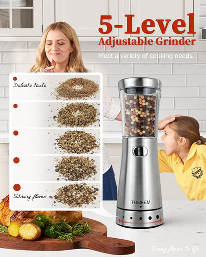 Set Set 4.5 oz 1.8" Electric Salt and Pepper Grinder with Storage Base, Stainless Steel Rechargeable Salt and Pepper