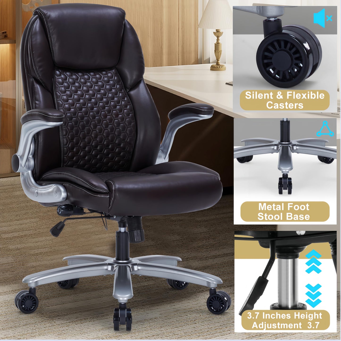 ZLHECTO Big and Tall Office Chair, Ergonomic Desk Chair with Flip-up Arms, PU Leather Office Chair for Home Office, Computer Chair with Adjustable Lumbar Support, Space Saving Executive Task Chair