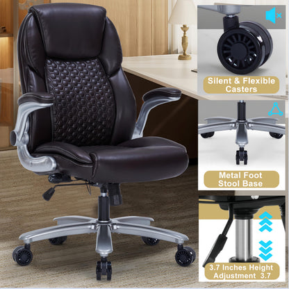 ZLHECTO Big and Tall Office Chair, Ergonomic Desk Chair with Flip-up Arms, PU Leather Office Chair for Home Office, Computer Chair with Adjustable Lumbar Support, Space Saving Executive Task Chair