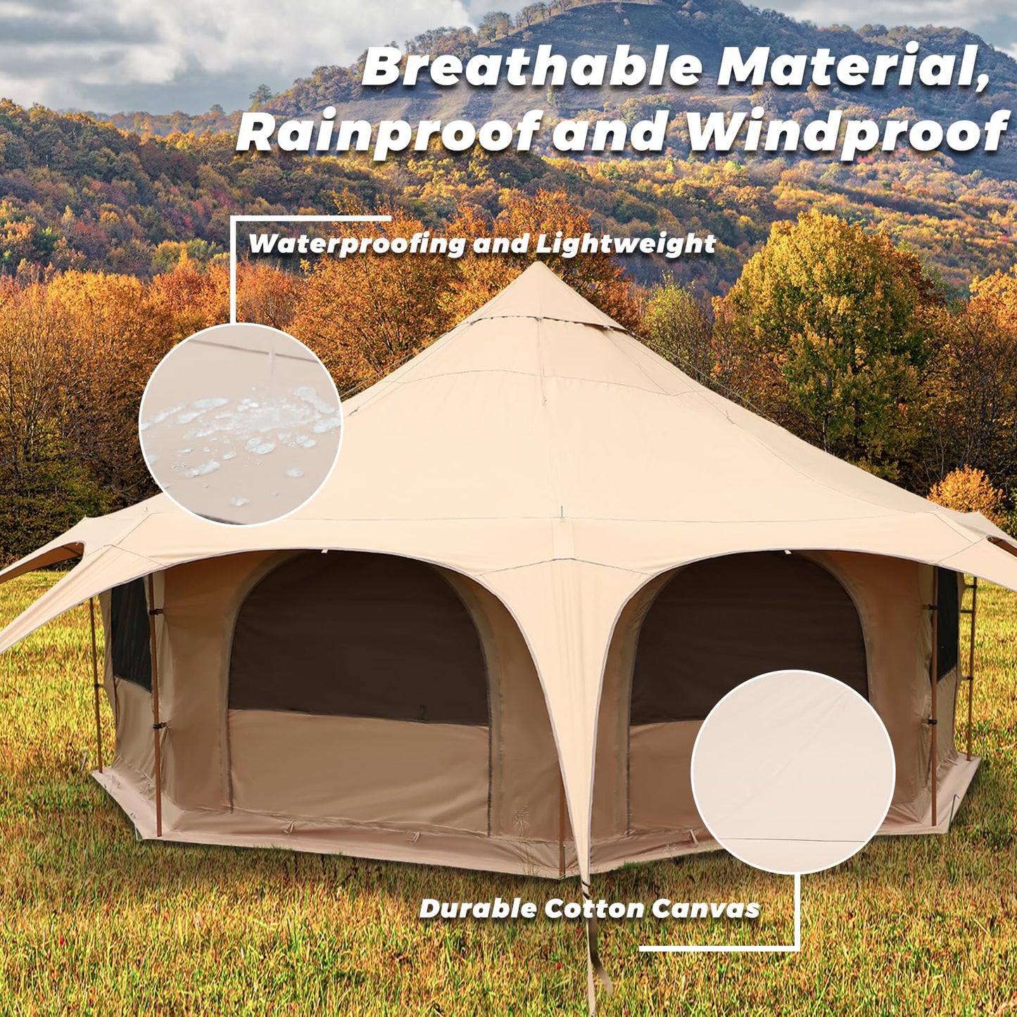 LVUYOYO Canvas Bell Tent, Glamping Yurt Waterproof Tent with Stove Jack and Storage Bag, Perfect for Family 4 Season Camping (16.4 * 9.18 FT)