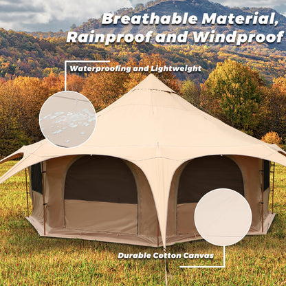 LVUYOYO Canvas Bell Tent, Glamping Yurt Waterproof Tent with Stove Jack and Storage Bag, Perfect for Family 4 Season Camping (16.4 * 9.18 FT)