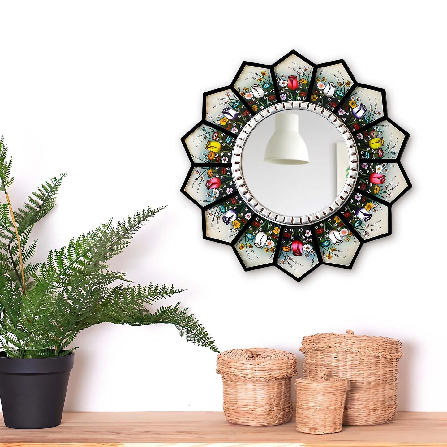 WTVLAX Sunburst Mirror Design Featuring Moroccan Style,2D Pattern 11.8inch Home Decorative Mirror for Living Room Bedroom Entryway The Pattern is Printed (Tulip+Sunburst)