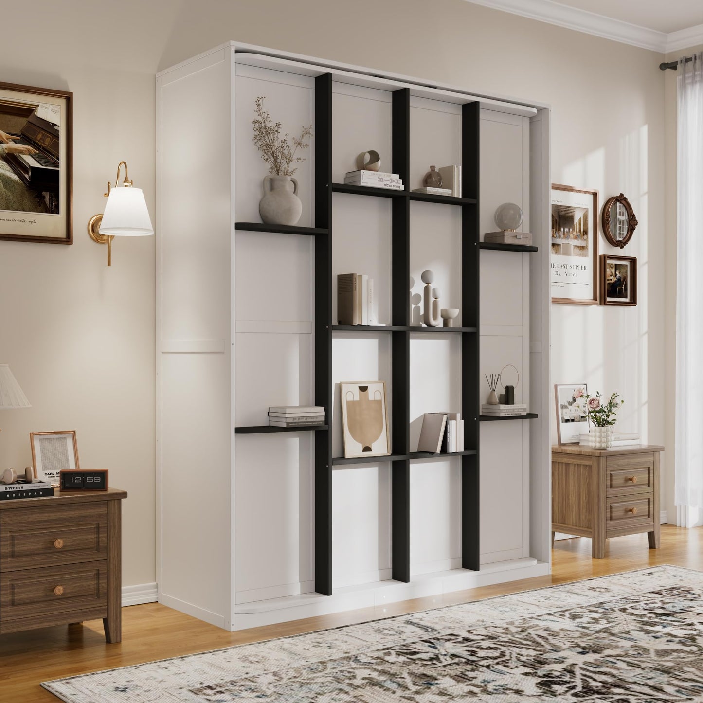 Merax Rotating Queen Murphy Bed with Hidden Storage Racks, Space-Saving Multifunctional Wall Bed for Home Office & Small Rooms