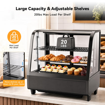 Tylza Commercial Refrigerator Display Case, 3.5 Cu.Ft/100L Countertop Refrigerated Showcase, White LED Lighting, Double Glass Door, 36-54°F, Auto Defrost for Bakery, Cafe, Store