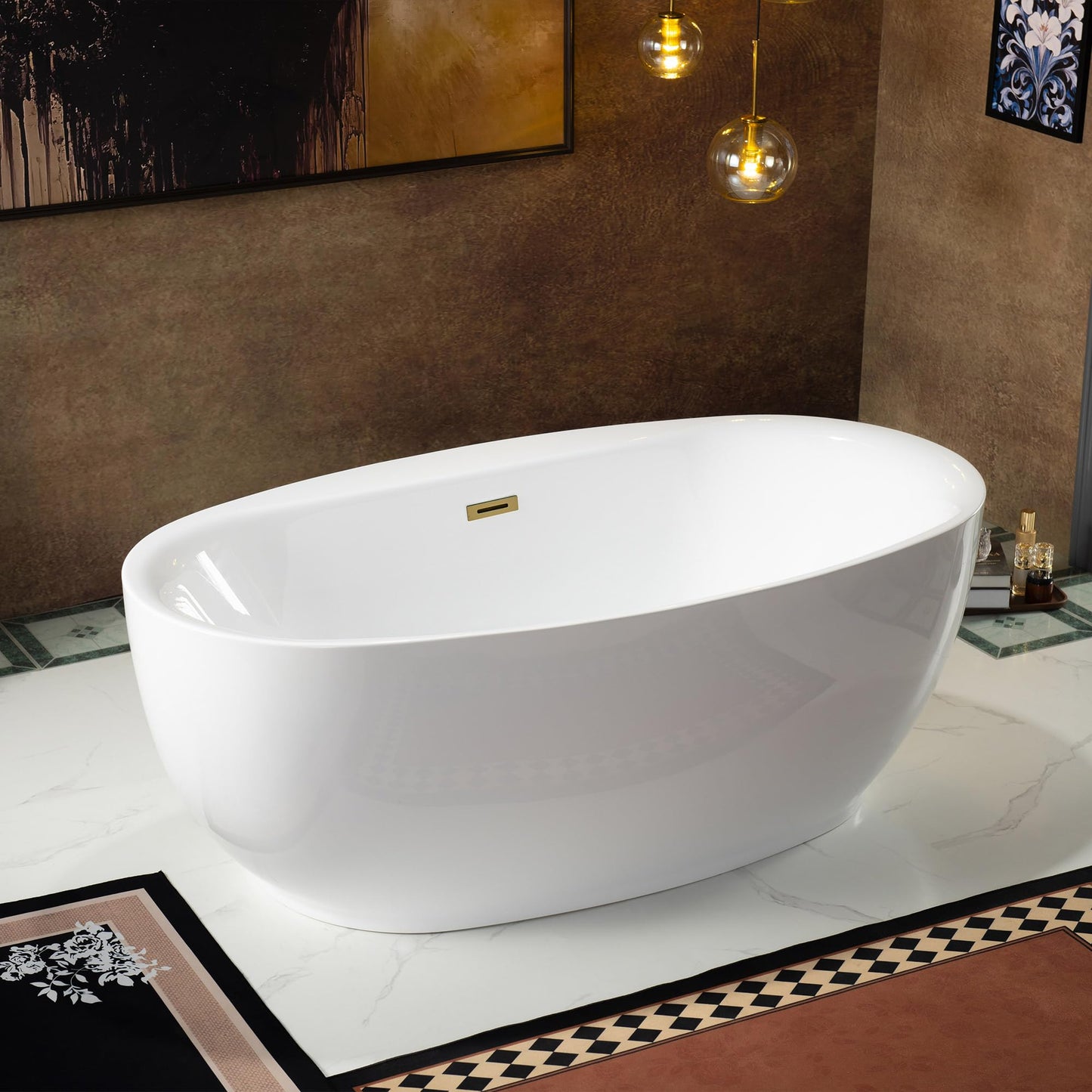WOODBRIDGE 66" Acrylic Freestanding Bathtub Contemporary Soaking White Tub with Brushed Gold Overflow and Drain，B0027-BG