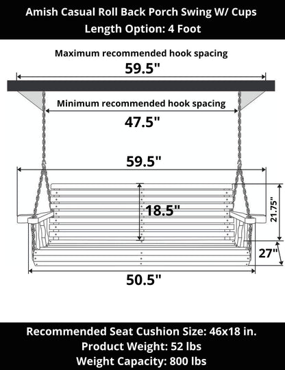 Amish Casual Heavy Duty 700 Lb Capacity Porch Swing with Cup Holders (4 Foot, Cedar Stain) – Wooden Outdoor Roll Back Swing with Hanging Chains – Amish Made in the USA