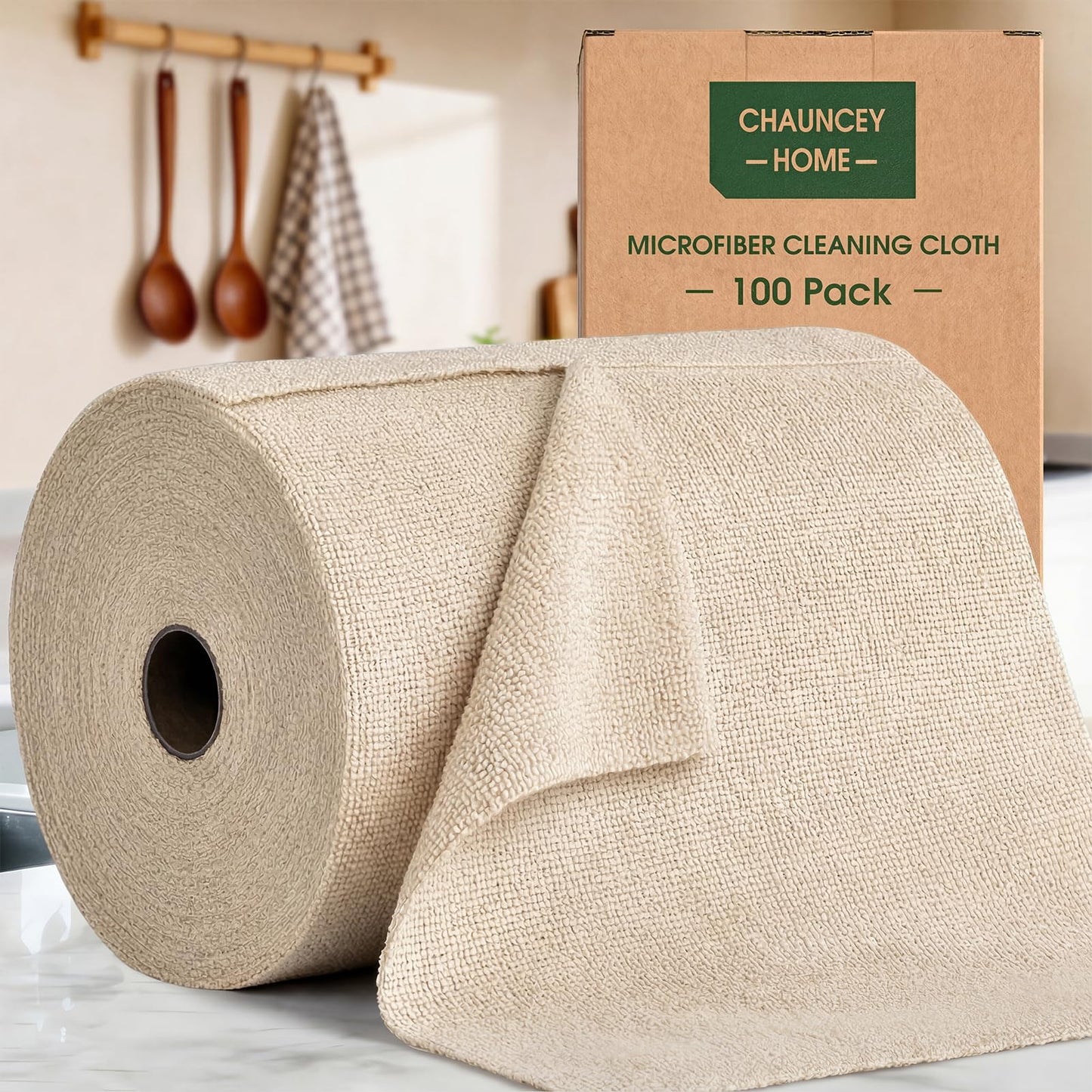 CHAUNCEY HOME Microfiber Cleaning Cloth Roll - 100 Pack Tear Away Microfiber Paper Towels, Reusable, Washable, Scratch-Free, Kitchen Towels for Car, Home, Kitchen, Glass, Dishes(Desert Gold)
