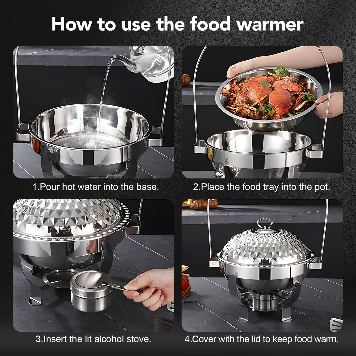 Round Chafing Dish Buffet Set of 4, Stainless Steel Food Warmers with Lids and Fuel Holders, Catering Chafer Serving Set for Banquets, Parties, Events(D)