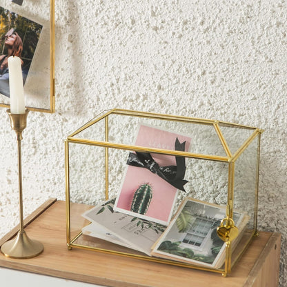 Glass Wedding Card Box with Slot, Large Clear 10.2 inch Gold Brass Gift Card Storage Box with Lock for Wedding
