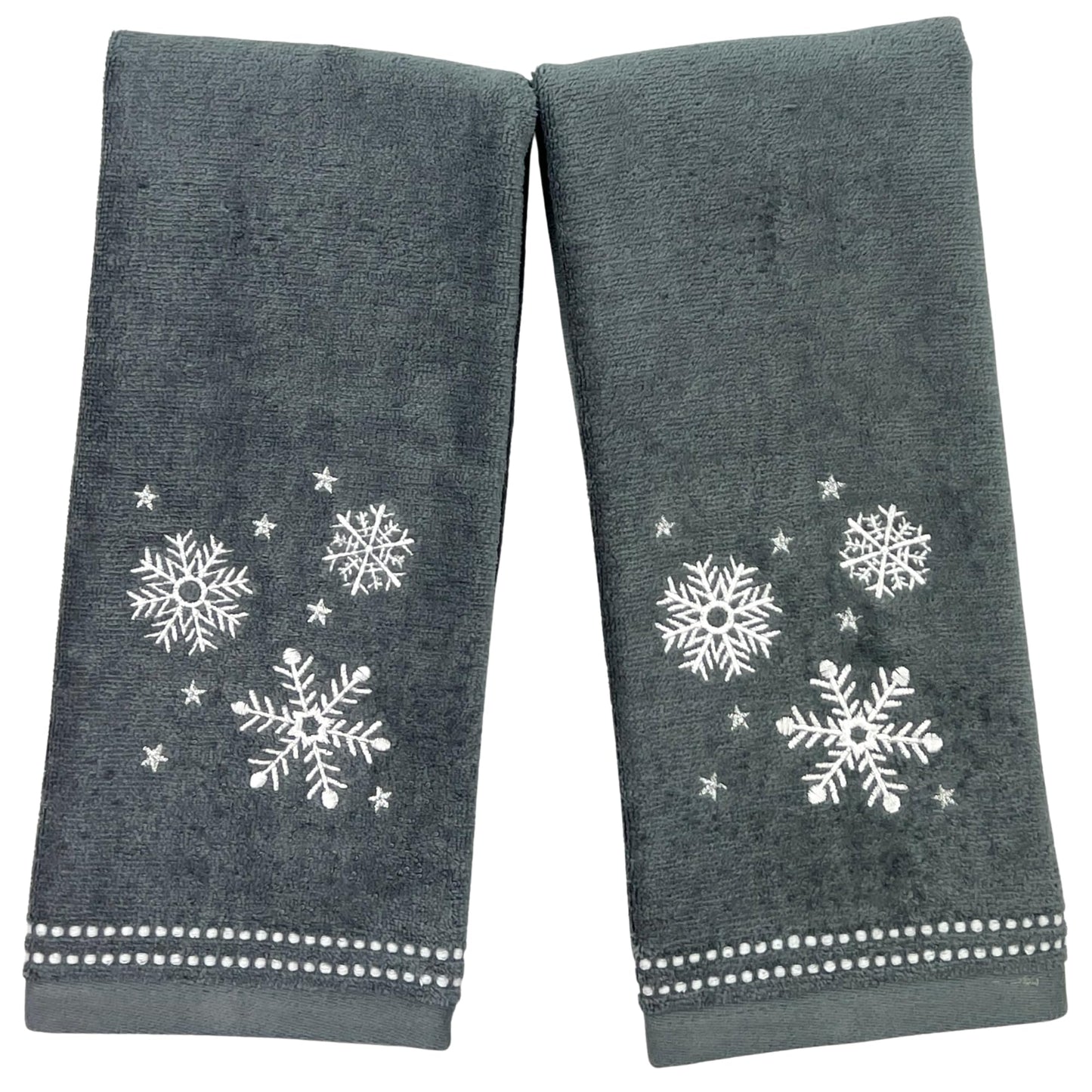 Serafina Home Christmas Hand Bathroom Towels, Set of 2, Embroidered Snowflakes and Stars, Dark Grey Velour Terry Cotton 16" x 25", Winter Holiday Decor for Kitchen or Bath