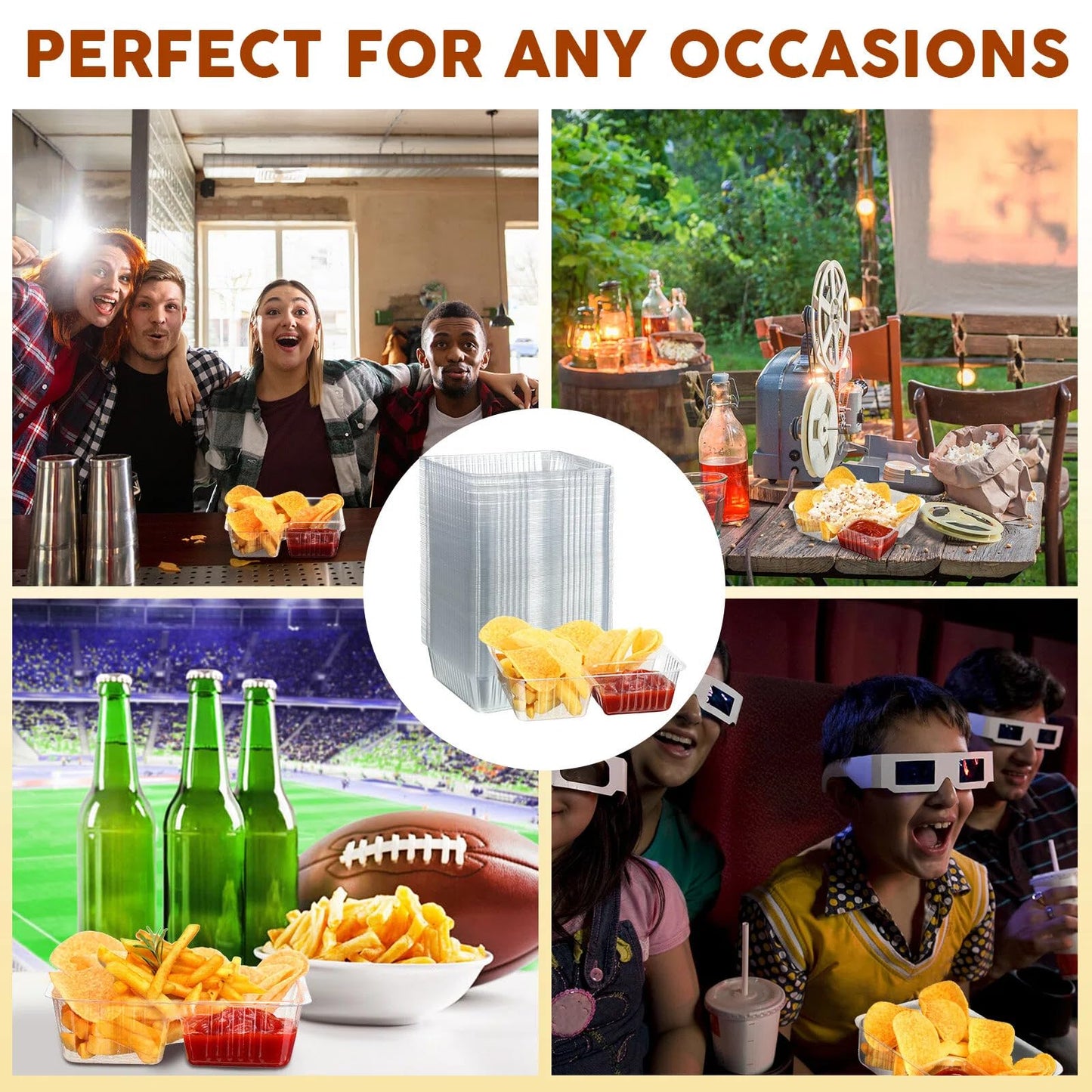 Vesici 500 Pcs 12oz Nacho Trays Disposable 2 Compartment Food Snack Tray Concession Stand Supplies Movie Night Clear Plastic Cheese Dip and Chip Holder for Candy School
