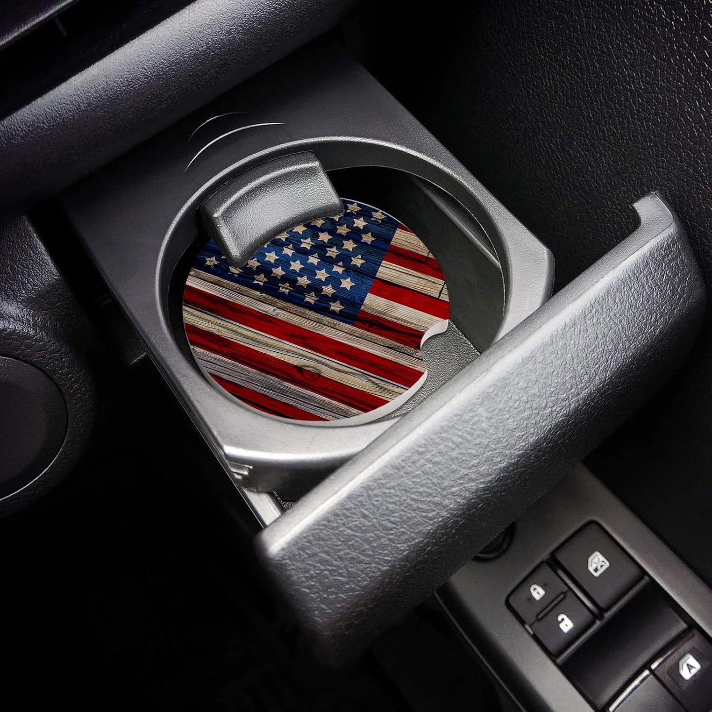 Independence Day 4th of July Car Coasters, 2 Pack Absorbent Ceramic Stone Cup Holders Set, Rustic American Flag