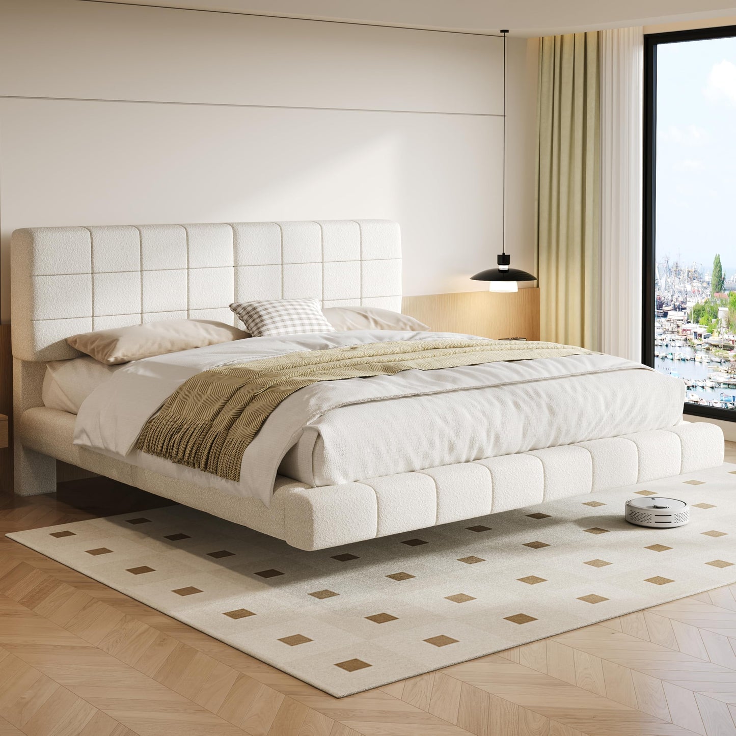 Merax King Size White Boucle Upholstered Platform Bed with Tall Headboard, Modern Floating Bed Frame with LED Lights for Bedroom, Solid Wood Slats Support, No Box Spring Needed, Easy Assembly