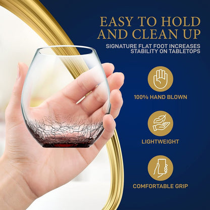NutriChef 19 Ounce Stemless Wine Glasses For Red or White Wine (Set of 4) For Party And Gifting Clear, Lead-Free, and Ice Crack Design