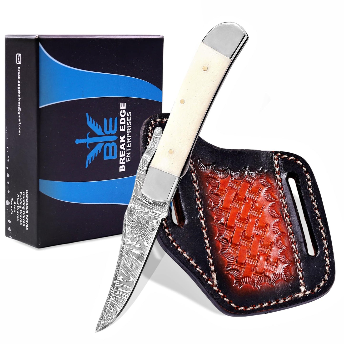 BE BREAK EDGE Handmade Damascus Steel Russlock Folding Knife with Yellow Striped Handle and Leather Sheath