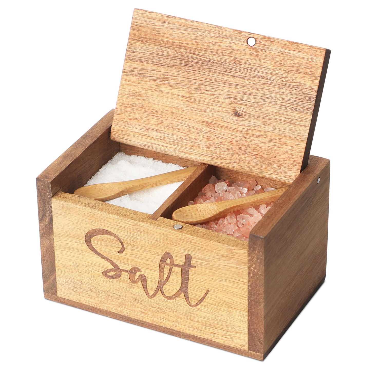 Acacia Wood Spice Box with Lid and Built-in Spoon for Kitchen Countertop, Rectangle Farmhouse Kitchen Decoror for Storing Salt, Peppers, Sugar or Seasonings, Brown (Brown (Labeled - “Salt”))
