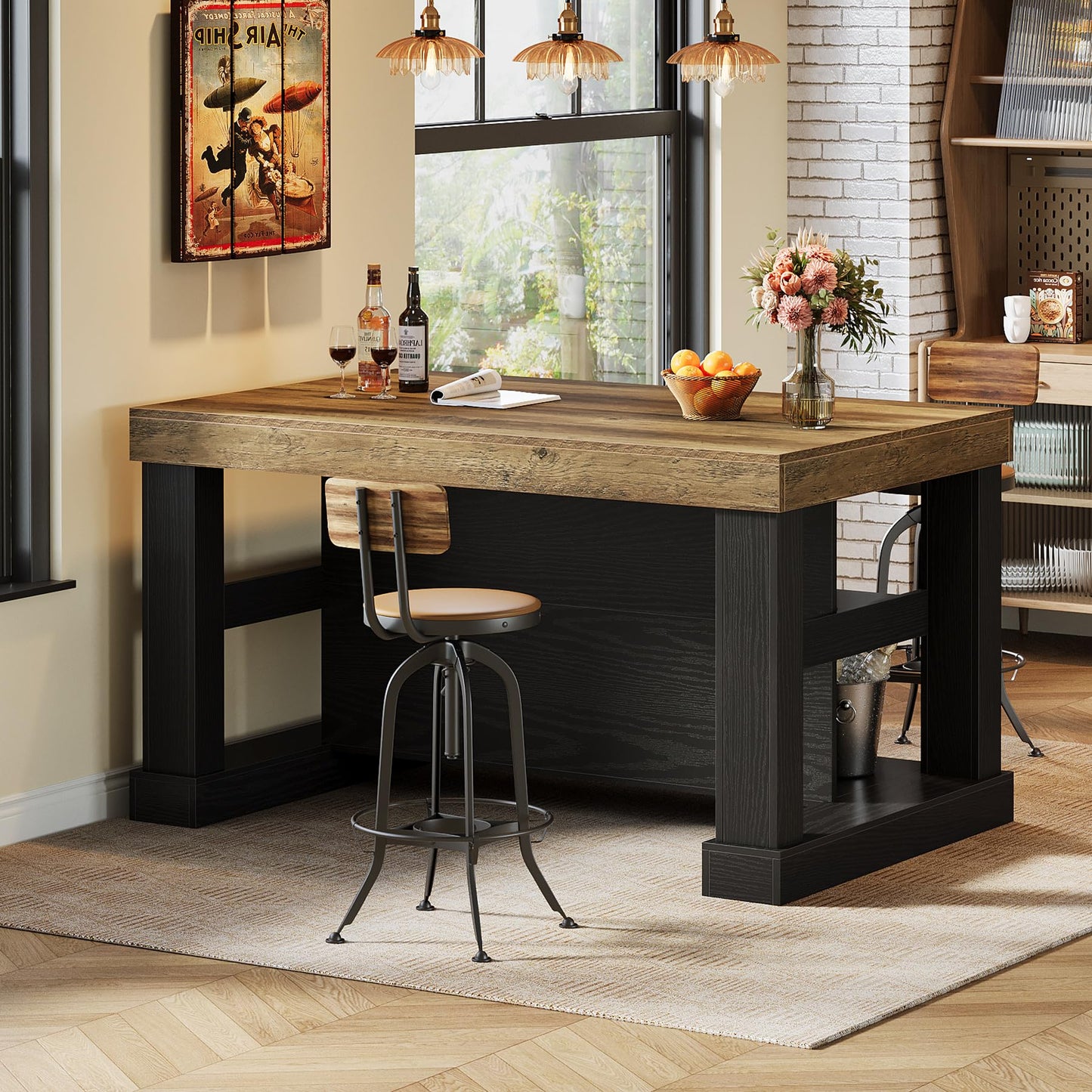 Tribesigns Kitchen Island with 3 Shelves, 55 Inches Width Kitchen Shelf with Large Worktop, Stable Wooden Structure, Farmhouse Style, Easy to Assemble, Black and Brown