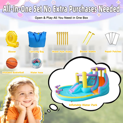 7-in-1 Inflatable Water Slide Bounce House with 3 Slides, Splash Pool, Climbing Wall, Water Gun & Basketball – for Kids Aged 3-10, 520W Blower, 168 x 150 x 78 Inches, Outdoor Backyard Fun