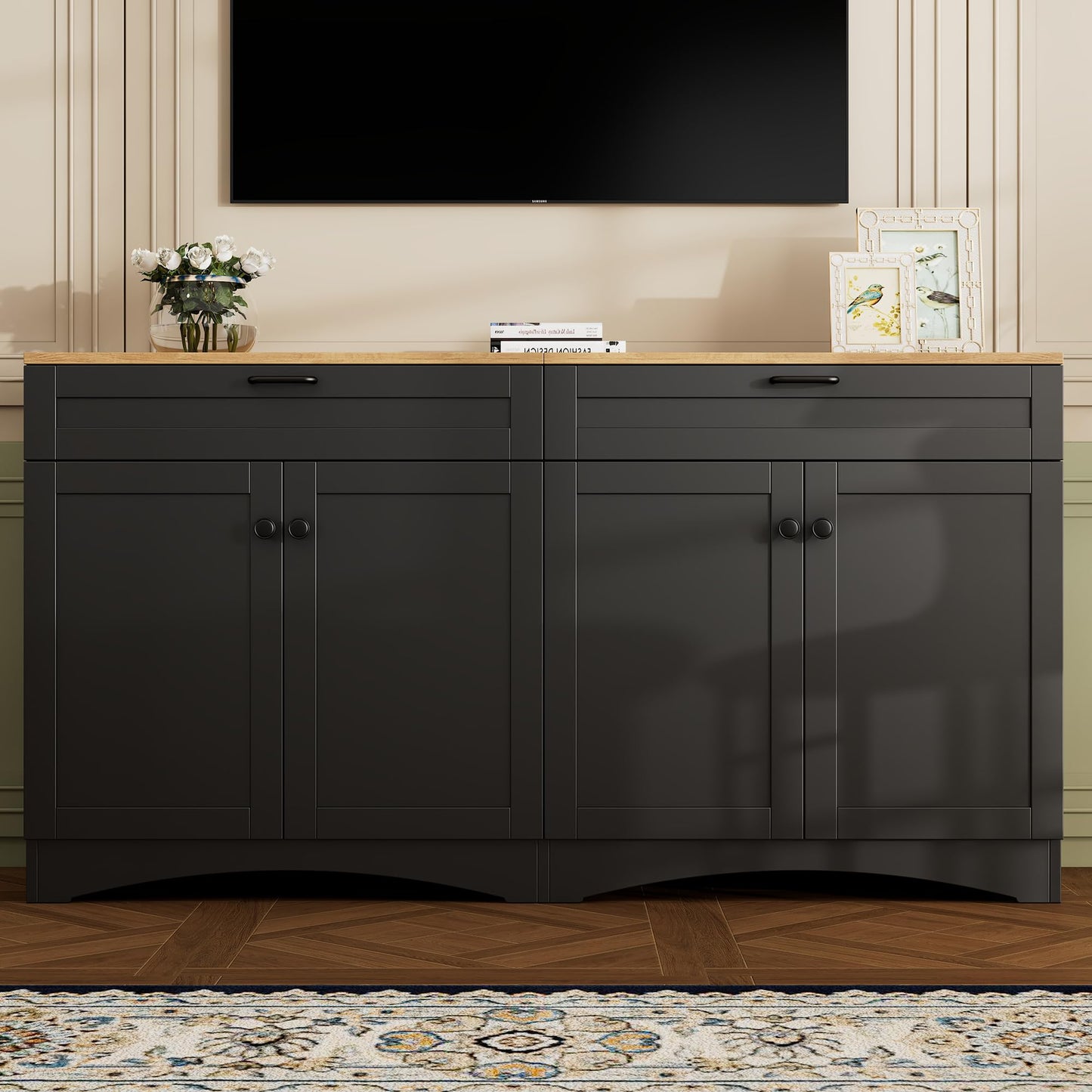 Ball & Cast Farmhouse TV Stand with 2 Drawers for TVs up to 70",Wood Grain Sideboard Buffet Cabinet w/Rustic Handles and Adjustable Shelf,Entertainment Center for Living Room,Bedroom,Black