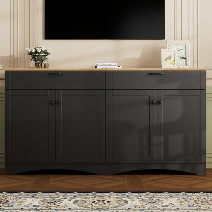 Merax Modern TV Stand Consoles for TVs up to 70'', Mid-Century Solid Wood Entertainment Center with Storage Cabinets, Practical Media Console for Living Room, Bedroom, Black