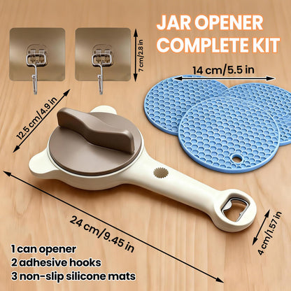 XINARIO 4-in-1 Jar Opener for Seniors, Weak Hands & Arthritis, Adjustable Gripper for 1"-3.5" Lids, Opens Jars, Bottles & Beer Caps, with 3 Non-Slip Mats & 2 Hooks for Wet Hands, Easy Kitchen Gadget