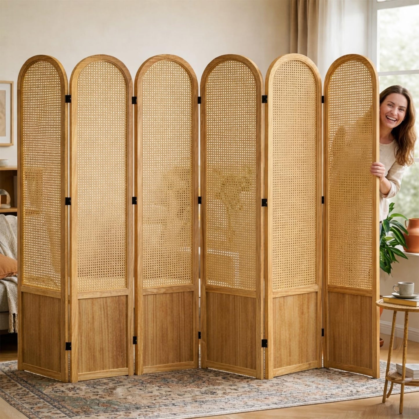 6 Panel Room Divider and Folding Privacy Screen, 5.6 Ft Foldable Double Hinged Rattan Partition, Hand-Woven Rattan Room Divider Portable Wood Freestanding Wall Divider for Room Separation - Natural