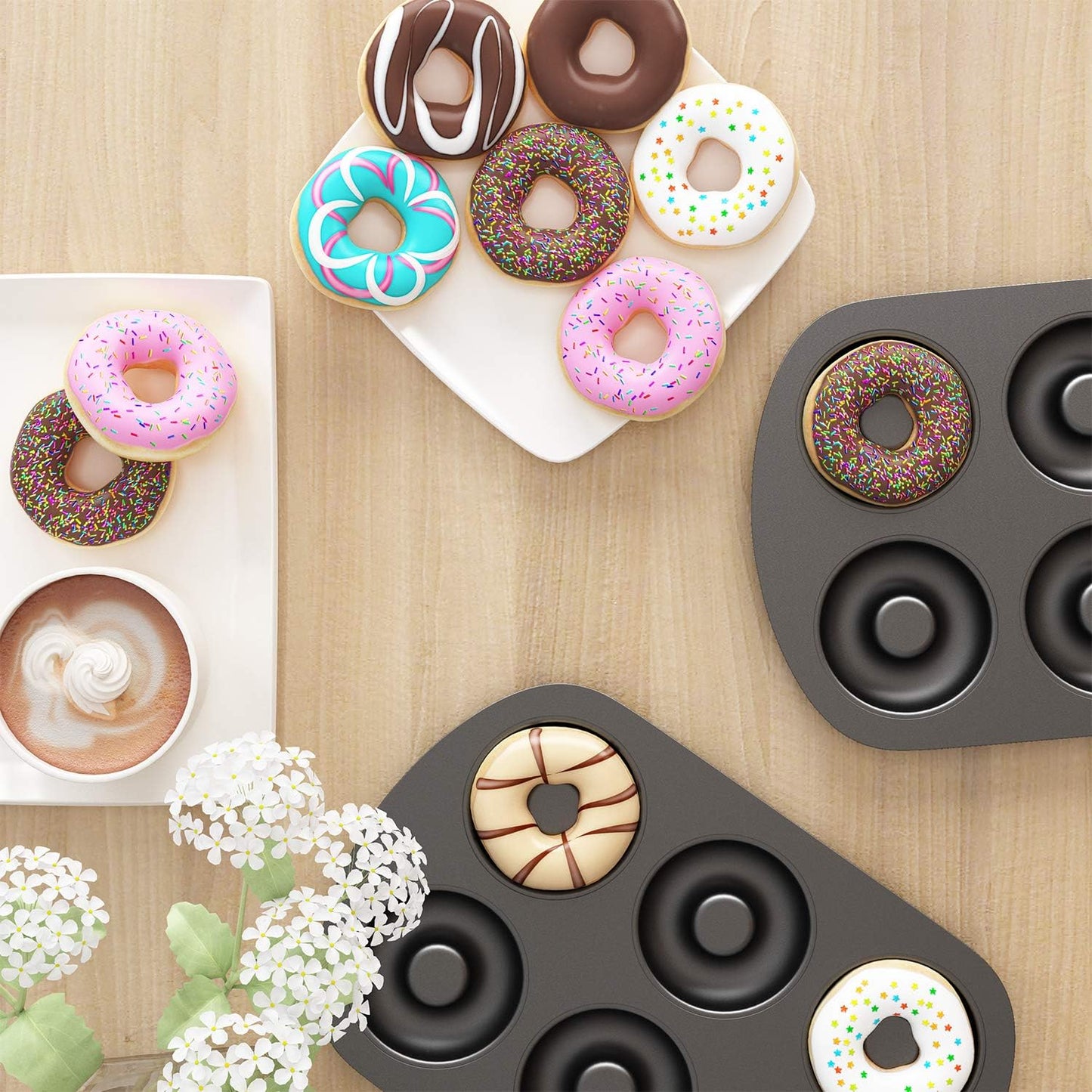 Tiawudi Non-Stick 6-Cavity Donut Baking Pans, Set of 3, Makes Individual Full-Sized 3 1/4" Donuts